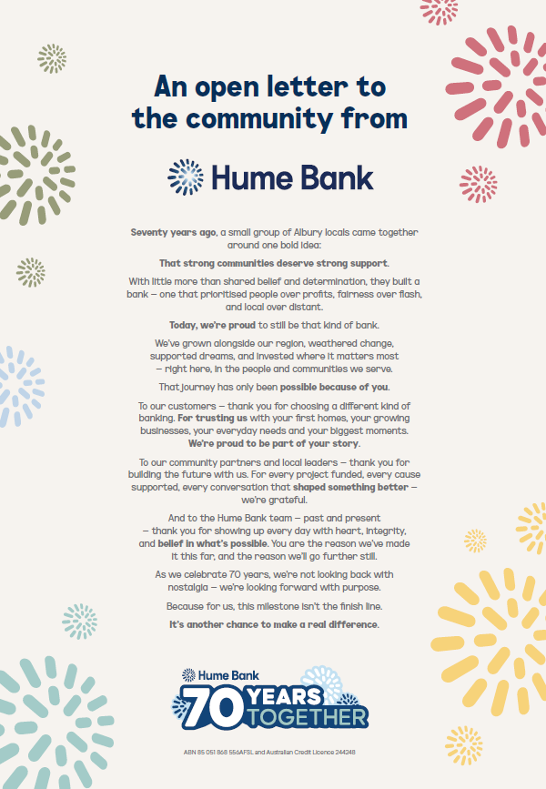 An open letter to the community from Hume Bank