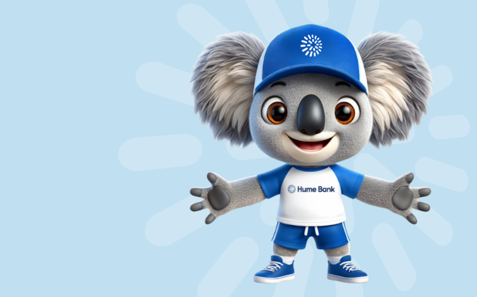 Clancy Koala wearing white and blue Hume Bank t-shirt and blue cap.